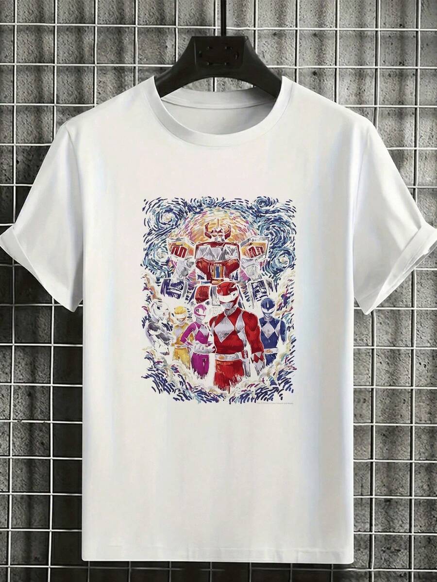 Men's T-Shirt With Artistic Print Of The Power Rangers Team And Megazord, Vibrant And Colorful Design For Fans Of All Ages - White - View 1