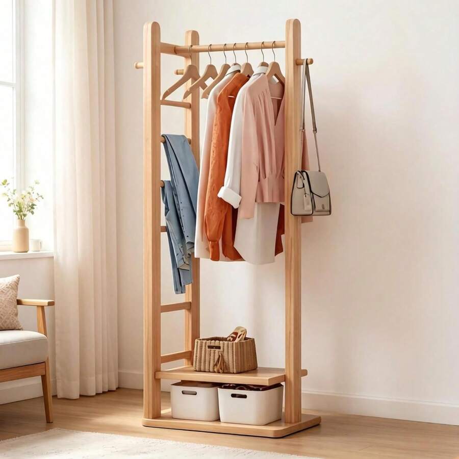 Double Layer Angled Clothes Rack, Space Saving, Ideal For Storing Clothes And Accessories, Sturdy And Modern Design (Brown) - Natural Wood Color - View 1