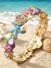 Cring Coco 1pc Fashion Enamel Starfish Conch Stretch Bracelet For Women Accessories Elastic Bangle Multicolor Wrist Jewelry Beach Vacation Seaside Daily Ornament - Starfish - View 9