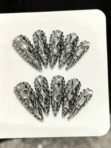 10pcs Handmade Pressed Long Pointed Nail Tips, Exquisite Fake Nails, Luxury Gun Gray Super Shiny Full Rhinestone, Dark Gothic Punk Style, Removable Wearable Nail Covers, Perfect Choice - Dark Grey - View 2