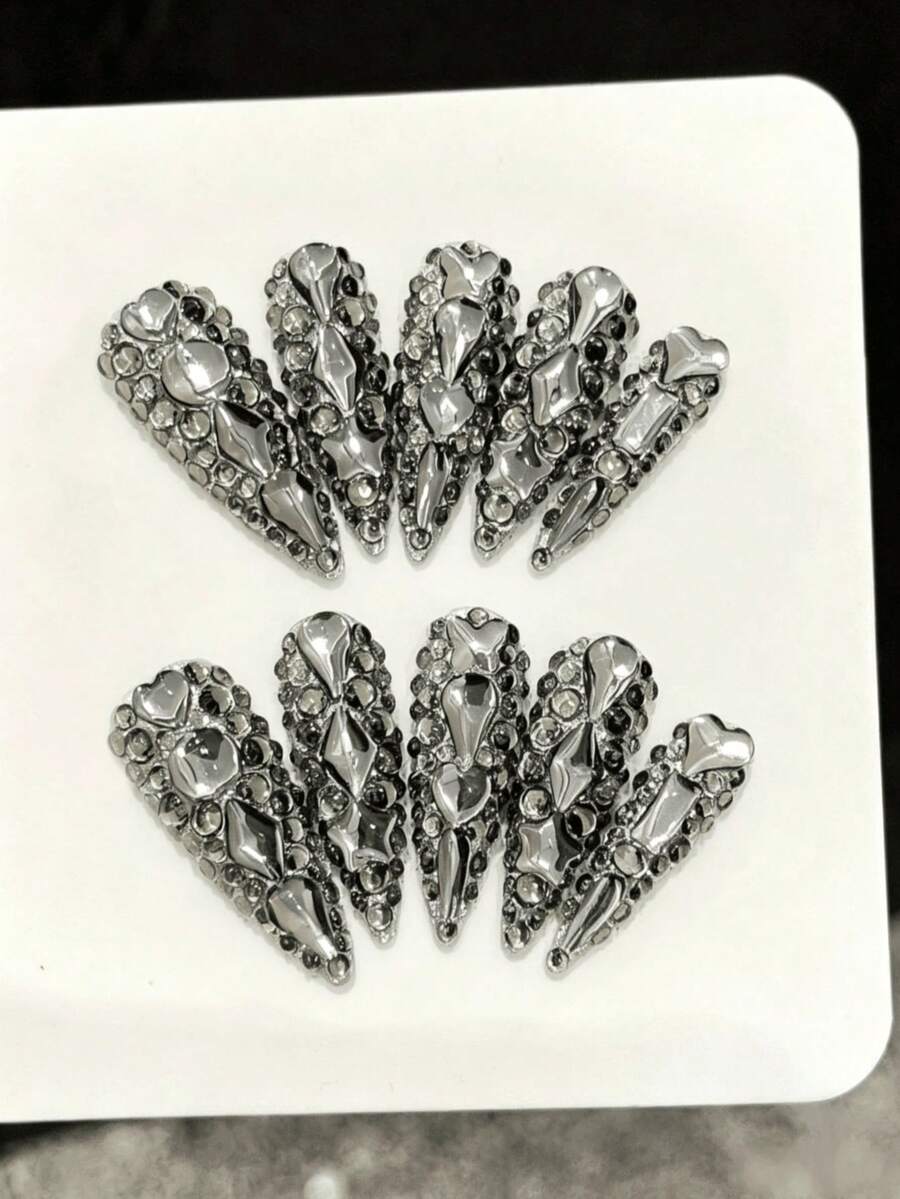 10pcs Handmade Pressed Long Pointed Nail Tips, Exquisite Fake Nails, Luxury Gun Gray Super Shiny Full Rhinestone, Dark Gothic Punk Style, Removable Wearable Nail Covers, Perfect Choice