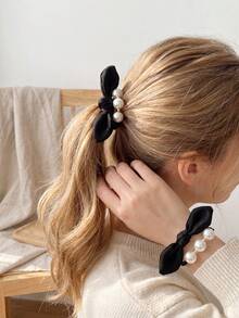 MH 2pcs Cute Bow Pearl Hair Scrunchies, Vintage Fashion, Elegant For Daily Use - Black and White - View 3