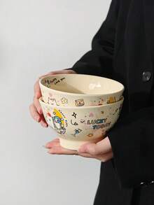 1pc/2pcs Cute Creamy Color Cartoon Goodnight Puppy Print Ceramic Bowl, Ins Korean Style Healing Cute Girl Heart Rice Bowl, Home Glazed Underglaze Tableware, Single Person Rice Yogurt Cereal Fruit Salad Bowl, Student Dorm Rice Bowl, Cute Girl Heart Daily Home Gift Tableware - Multicolor - View 14