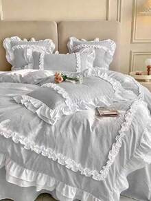 3pcs Skin-Friendly Soft Comfortable White Double-Layer Ruffle Edge Pleated Inner Frame Ruffle Edge Craft Duvet Cover Set (1*Duvet Cover + 2*Pillowcases, No Inserts), French Country Style, Lady Style, Suitable For Bedroom, Guest Room, Boys And Girls Bedding, Machine Washable, All Seasons - White - View 13