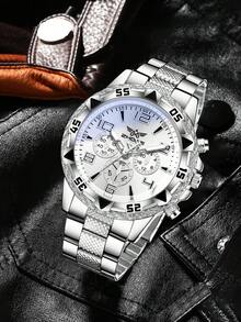 4PCS Men's Watch Business Fashion Casual Mix & Match Dial Three-Eye Quartz Watch Jewelry Set Includes (Bracelet, Necklace, Ring) Suitable For Daily Decoration, Holiday Party, Business Casual, Wedding, Valentine's Day And Other Occasions Or As Holiday Gift For Boyfriend And Father - Multicolor - View 3
