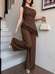 abyoxi Conjunto de 2 piezas de top sin mangas con cintura fruncida y parches de encaje con dobladillo asimétrico en color verde guisante, y pantalones de pierna ancha. Sexy y elegante - Marrón - Ver 3