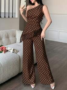 abyoxi Conjunto de 2 piezas de top sin mangas con cintura fruncida y parches de encaje con dobladillo asimétrico en color verde guisante, y pantalones de pierna ancha. Sexy y elegante - Marrón - Ver 6