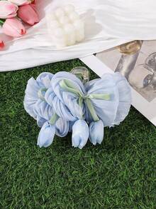 1 Peça Garra de Cabelo Floral Tulipa em Chiffon e Tule Grande, Design de Flor de Tecido Plissado Macio, Perfeito para Looks de Festival, Fim de Semana na Praia e Verão Branco - Multicolorido - Visão 7