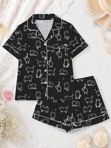 Set Piyama Wanita 2 Potong, Motif Kucing, Pakaian Santai Wanita, Pakaian Liburan Musim Semi/Panas, Set Atasan Lengan Pendek dan Celana Pendek - Hitam - View 1