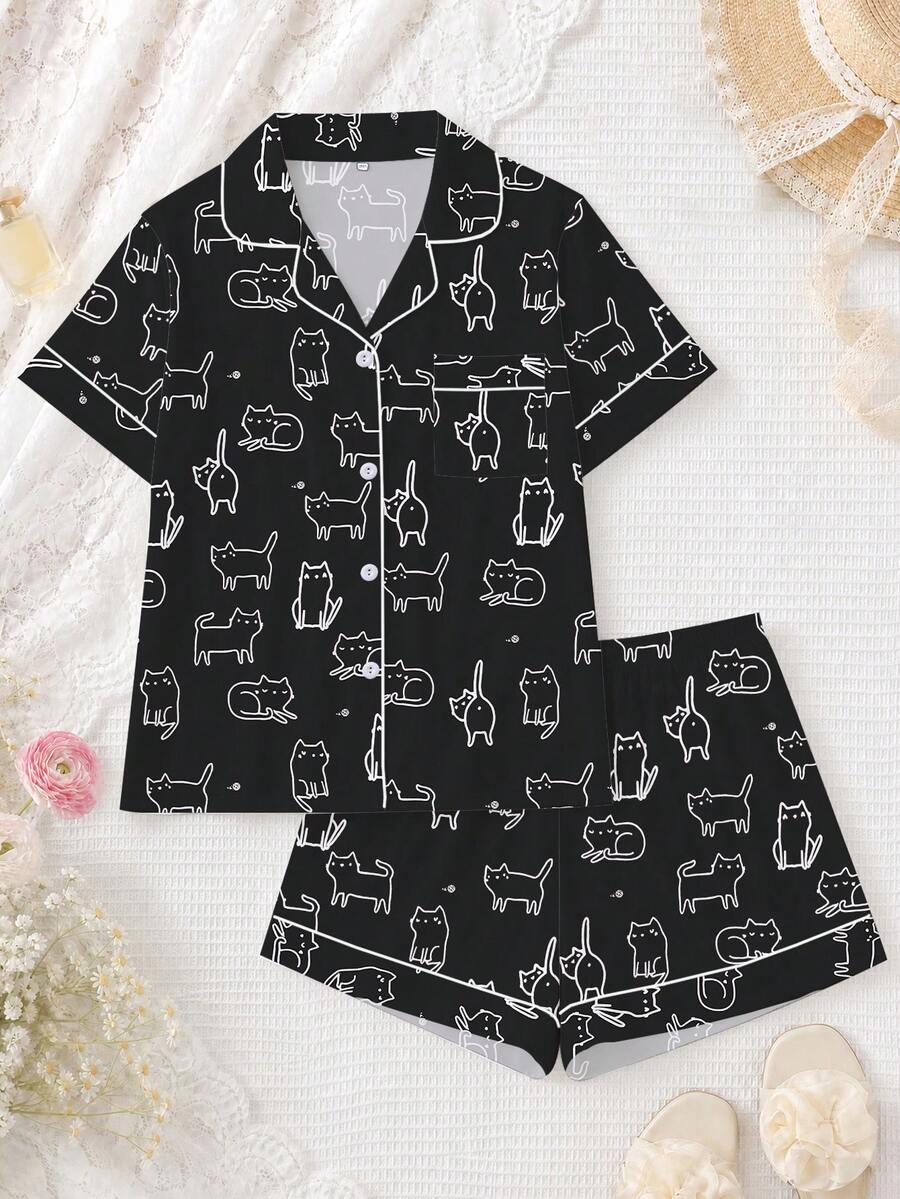 Set Piyama Wanita 2 Potong, Motif Kucing, Pakaian Santai Wanita, Pakaian Liburan Musim Semi/Panas, Set Atasan Lengan Pendek dan Celana Pendek - Hitam - View 1