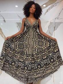 Long Halter Dress Costs Nude - Black and Gold - View 2