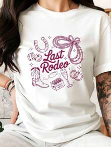 'Last Rodeo' Western-Themed Bachelorette Party Shirt, Bachelorette Party Gift, Women's T-Shirt, Wedding Celebration Outfit, Cowboy Boot, Dice, 100% Cotton - 白色 - 查看 1