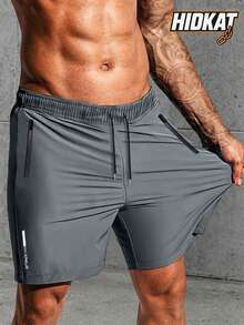 Pantalones cortos de verano para hombres, de nailon transpirable y alta elasticidad, con cordón, cremallera, bolsillos con estampado reflectante, estilo casual, unicolor, ajuste regular para deportes - Gris - Ver 2