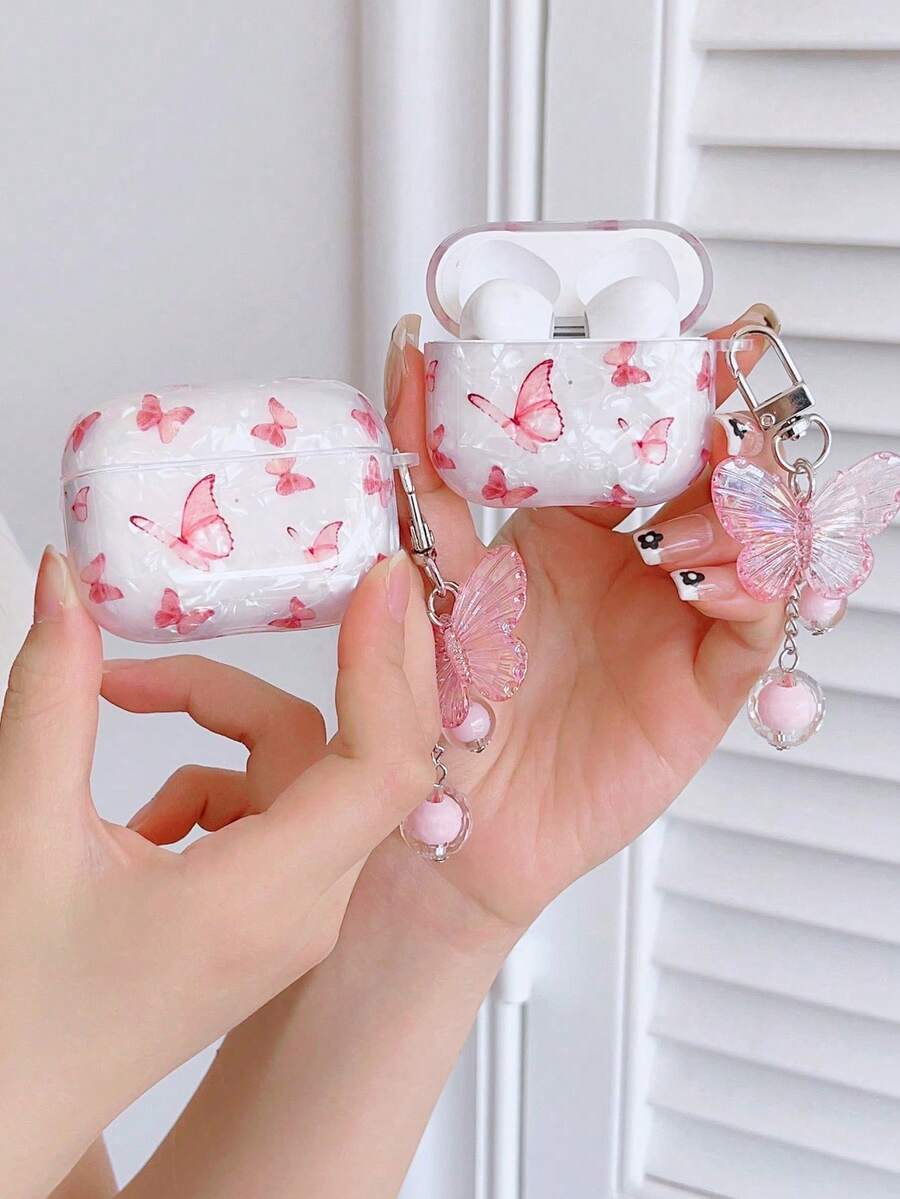 Valentines Pink Butterfly Pattern Case Compatible With AirPods Compatible With Airpods1/2 AirPods Pro - Pink - View 1