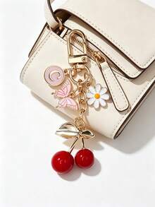Charm de Bolsa Fofo Rosa Cereja Borboleta & Letra A-Z - Pendente de Moda para Mochila Cereja, Chaveiro, Pendente de Liga de Letra A-Z, Pendente para Auriculares, Ornamento Pendente para Carro, Charm Decorativo, Chaveiro Cereja, Ornamento de Bolsa, com Clipe de Bolsa, Joias de Resina Brilhante & Metal, Adequado para Carteira e Mochila Feminina - Multicolorido - Ver 5