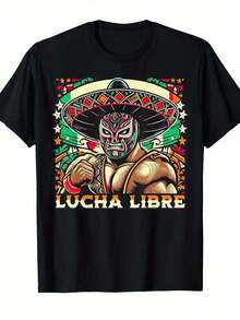 Camiseta de hombre con diseño de máscara de lucha libre mexicana - Diseño retro colorido de luchador, camiseta casual de manga corta para el Cinco de Mayo, fiestas temáticas y atuendo inform - Negro - Ver 1