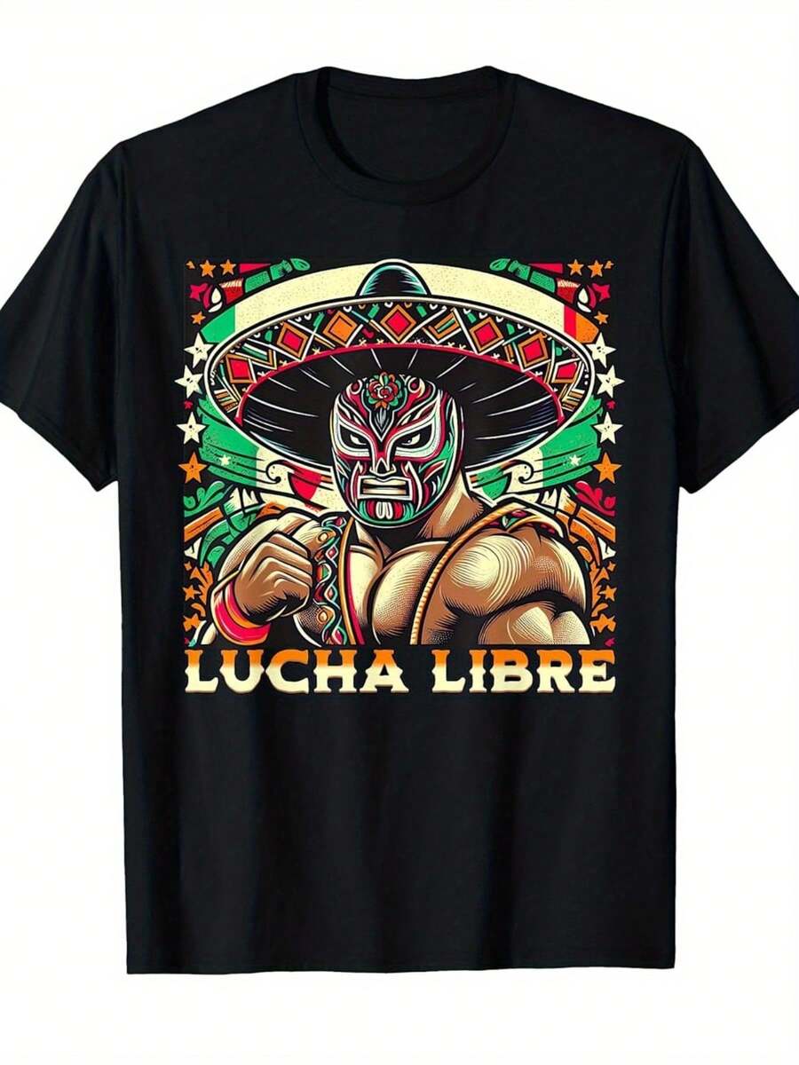 Camiseta de hombre con diseño de máscara de lucha libre mexicana - Diseño retro colorido de luchador, camiseta casual de manga corta para el Cinco de Mayo, fiestas temáticas y atuendo inform - Negro - Ver 1