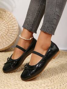 2026 New French Vintage Mary Jane Shoes PU Textured Black Bow Flat Shoes Versatile Comfortable Black Daily Soft Sole Shoes - Black - View 12