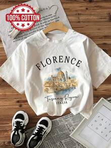 Camiseta casual de verano para mujer con diseño de dibujo a mano, con estampado de arquitectura de cúpula de Florencia, Toscana, de manga corta y cuello redondo. - Blanco - Ver 1
