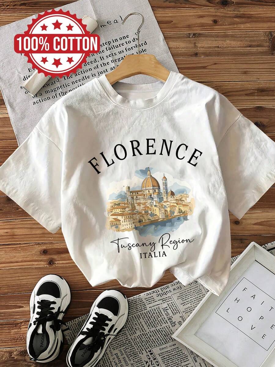 Camiseta casual de verano para mujer con diseño de dibujo a mano, con estampado de arquitectura de cúpula de Florencia, Toscana, de manga corta y cuello redondo. - Blanco - Ver 1