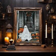 1 pieza Arte de pared en lienzo, decoración de pared enmarcada, fantasma blanco vintage sentado en un porche de madera con linterna de calabaza, hojas de arce y telaraña, póster popular de atmósfera de terror pastoral de otoño de Halloween, pintura decorativa colgante vintage sin marco, adecuada para decoración del hogar moderno, decoración de habitación, decoración de dormitorio, decoración de sala de estar, decoración de baño, decoración de cocina - Fantasma de calabaza - Ver 5