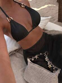 2026 Summer New Women's Fashion Sexy Black Spaghetti Strap Bikini Set With Skirt, Suitable For Beach Vacation - Black - View 2