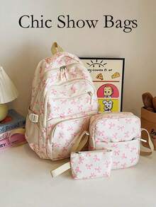 Women's 3-Piece Backpack Set, Pink Bow Print, Nylon Fabric, Multi-Pocket Design, Casual Style, Suitable For School, Travel And Daily Use - Multicolor - View 2