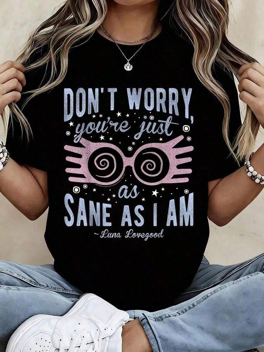 New Warner Bros. T-Shirt, Printed With The Phrase "Don't Worry, You're As Healthy As I Am," Inspired By The Famous Luna Lovegood Quote, Suitable For Women, Casual Printed T-Shirt - 黑色 - 查看 1