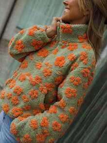 Jaket Wanita Gaya Liburan, Motif Jacquard, Resleting, Saku Setengah Plaket, Lengan Panjang - MultiWarna - View 1