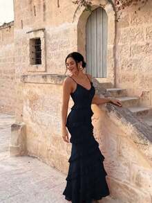 Women's Solid Color Pleated Ruffle Fashion Party Evening Dress Wedding - Navy Blue - View 4