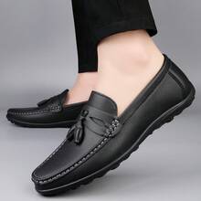 Men's Luxury Lightweight PU Faux Leather Loafers, Casual Woven Style Slip-On Flat Shoes With Convenient Elastic Band, Suitable For Spring/Autumn Daily Wear, Weddings, Banquets, Office, Business And Other Formal Occasions - Black - View 4