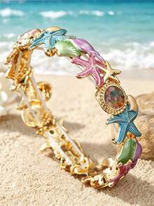 Cring Coco 1pc Fashion Enamel Starfish Conch Stretch Bracelet For Women Accessories Elastic Bangle Multicolor Wrist Jewelry Beach Vacation Seaside Daily Ornament - Starfish - View 4