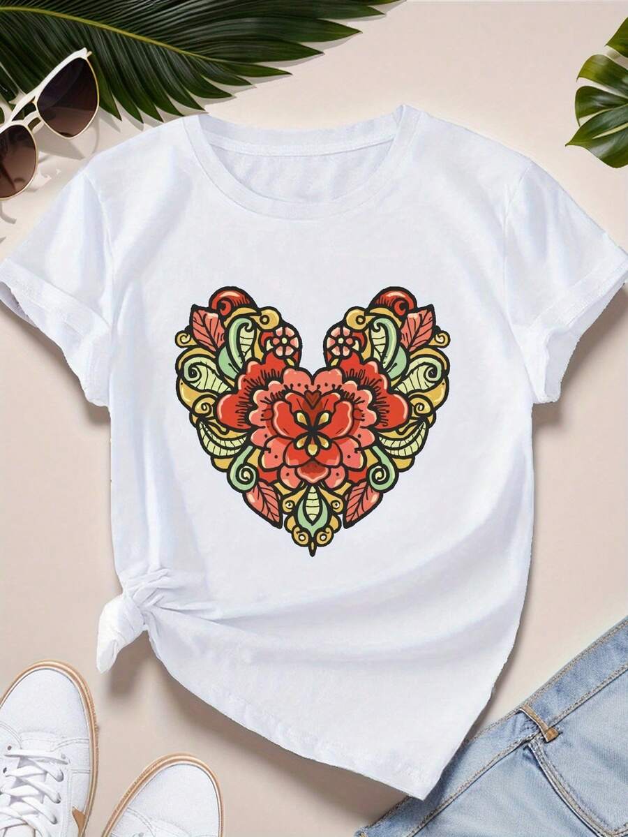 Camiseta Deportiva de anga Corta para ujer, Talla Grande, con Decoración Floral en Forma de Corazón - Blanco - Ver 1