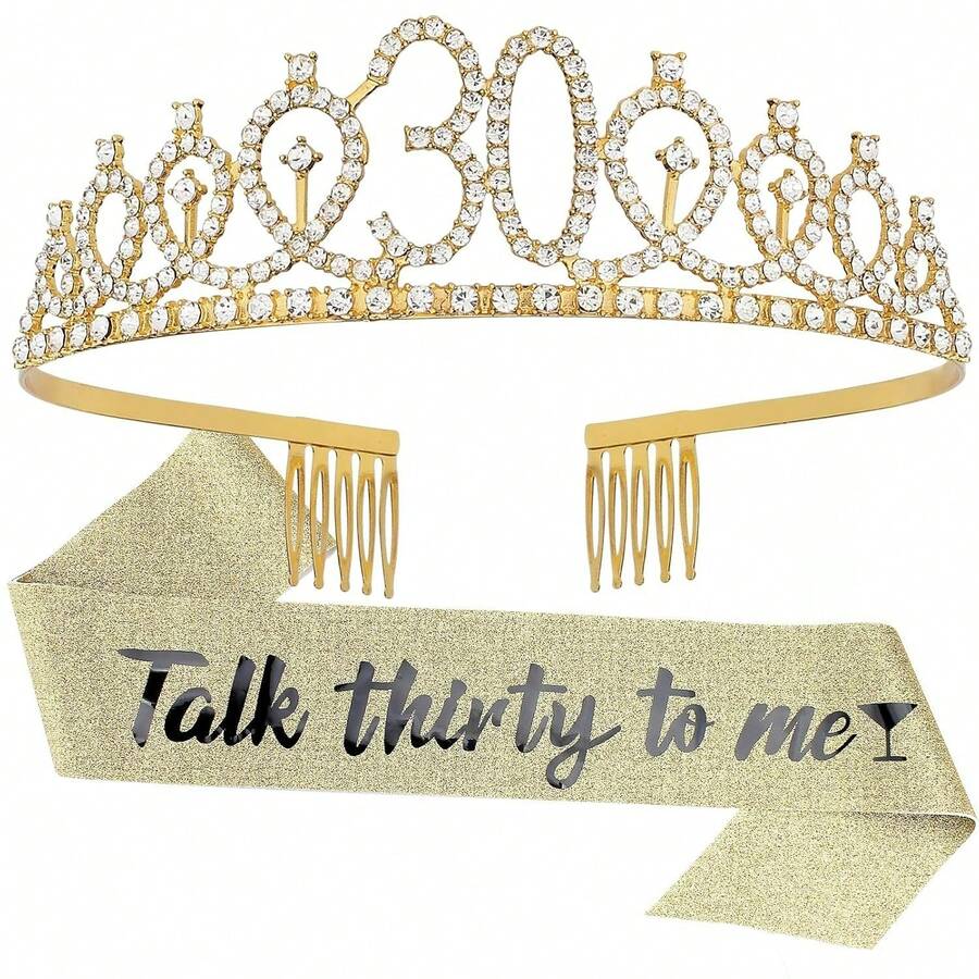 「Talk To Me About 30」肩帶與水鑽皇冠套裝-30歲生日女性禮物,生日派對用品 - 查看 1
