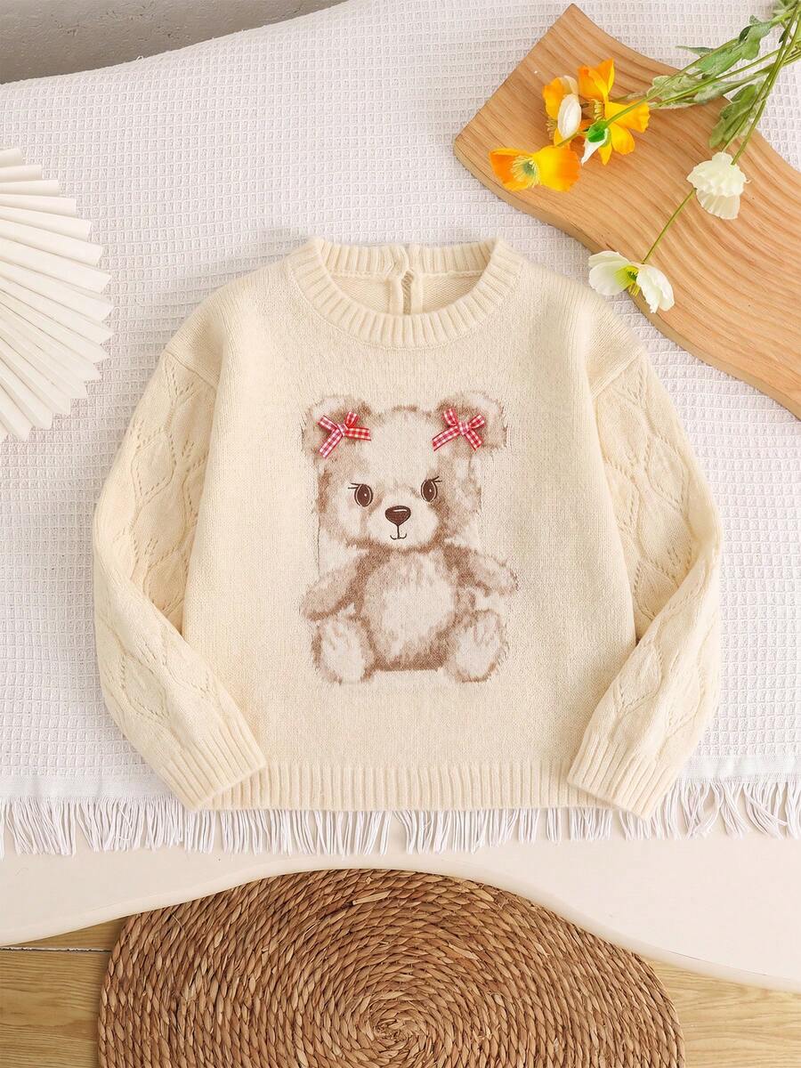 Baby Girl Cute Cartoon Bear Pattern Plaid Bow Decor Knit Crew Neck Pullover - Beige - View 1