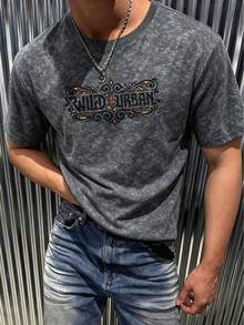 男士夏季休閒時尚街頭風異國印花酸洗修身短袖T恤 - 灰色 - 查看 2