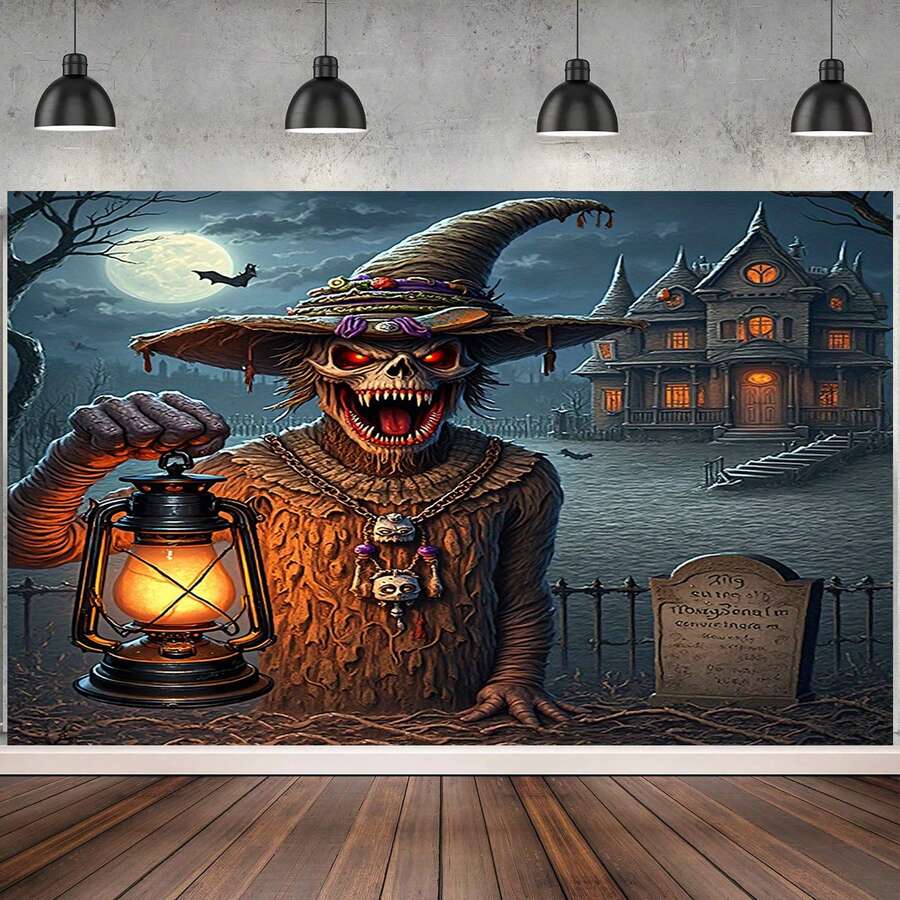 1pc Ghost Lantern, Bat And Moonlight Night Scene Banner, Gothic Theme Backdrop, Suitable For Haunted House Events, Parties, Carnivals And Photography Backgrounds, Indoor/Outdoor Party Decoration, Holiday Celebrations, Halloween Decor, Horror Atmosphere Decoration Supplies - Multicolor - View 1