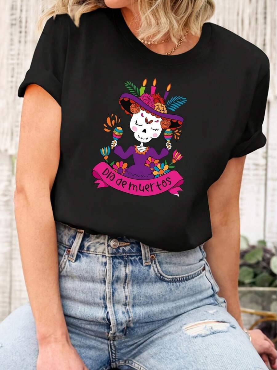 Women's Vintage Gothic Skull Print T-Shirt - Day Of The Dead Skull, Casual Short Sleeve Crew Neck T-Shirt - 黑色 - 查看 1