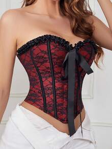 Nuevo top corsé ajustado de estilo retro para mujer, adornado con volantes y lazos, faja gótica con lazos, corsé con ballenas, camisola ajustada sin tirantes. - Albaricoque - Ver 3