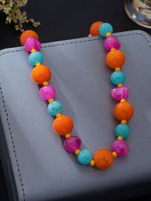 1pc Dopamine Colorblock Resin Beaded Necklace, Women's Summer Bright Acrylic Bead Choker Necklace, Versatile Beach Vacation Neck Chain - Colorful - View 4