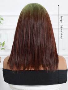 14 Inch Gradient Green To Reddish Brown Straight Synthetic Wig With Bangs, Heat Resistant, Easy To Wear And Maintain, Perfect For Daily Wear, Y2K Style, Party, Cosplay, Music Festival, Halloween, Ideal Holiday Gift For Girls - Brown Ombre - View 8