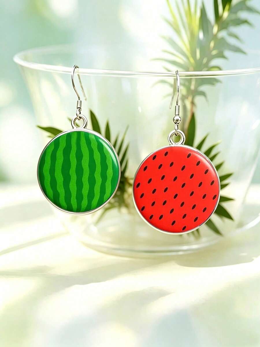 Pendientes con colgante de sandía asimétricos, accesorio de verano divertido y llamativo - Plateado - Ver 1