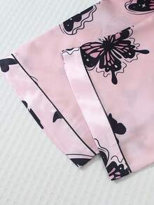 2pcs Women's Satin Butterfly Print Pajama Set, Long Sleeve Lapel Top And Bowknot Long Pants - Pink - View 10