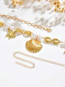 1件裝海灘海洋風金屬海星貝殼腰鍊 誇張性感人造珍珠貝殼拼接身體鍊，適合女性派對與度假穿著 - 金色 - 查看 4