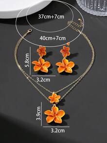 1pc New Vintage Summer Vacation Beach Style Handmade Drip Oil Vibrant Orange Layered Hibiscus Pendant Multi-Layer Necklace & 1 Pair Earrings Women Jewelry Set - Orange - View 7
