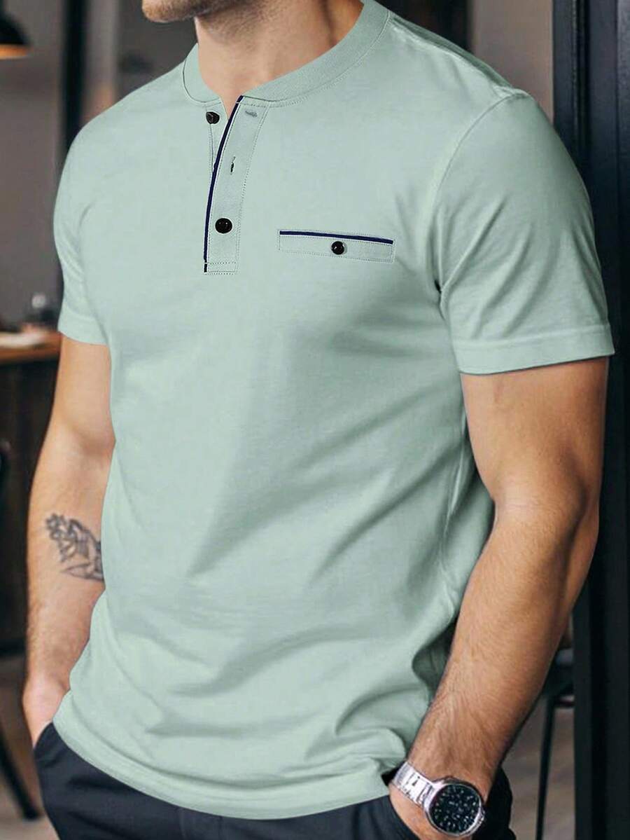 Manfinity Homme Camiseta de manga corta casual con botones y media cartera para hombre - Blanco y Negro - Ver 1