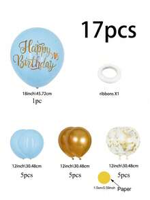 17件套蓝色生日气球套装，包含18英寸蓝色乳胶气球、生日快乐贴纸、彩色亮片乳胶气球，适用于生日快乐英文字母装饰、派对场景装饰、家庭派对背景装饰、毕业典礼、生日派对装饰 - 多色 - 查看 2