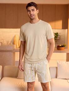 Men's Summer Crew Neck Casual T-Shirt And Casual Shorts Loungewear Set - Apricot - View 4