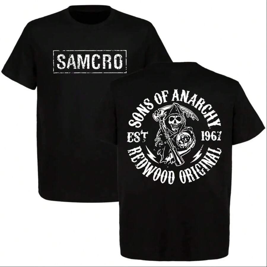 SAMCRO Sons Of Anarchy Redwood Original Skull Reaper Biker T-Shirt, Vintage Graphic Tee For Men, Clothing, Streetwear, Casual Wear - 黑色 - 查看 1