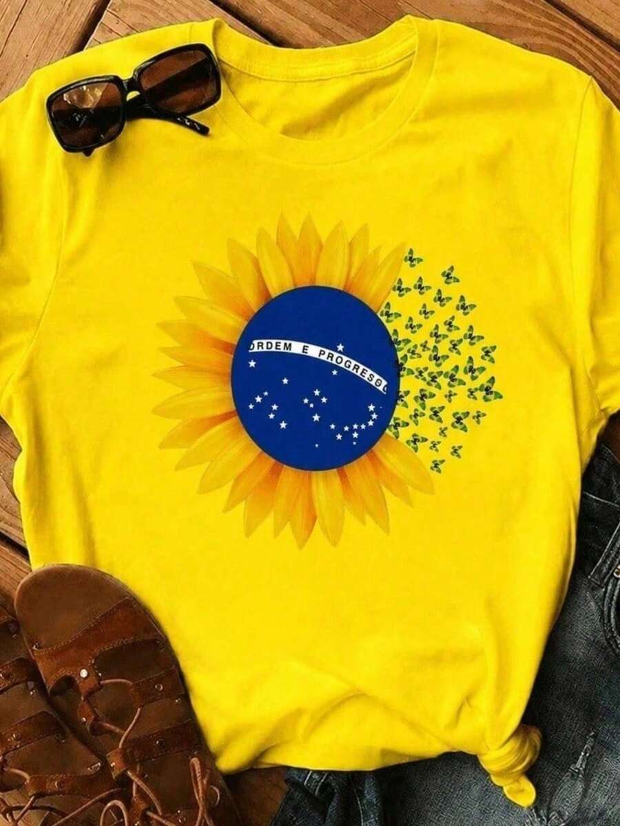 Women's T-Shirt Blouse For The 2026 Brazil Cup With Sunflowers And Butterflies, Stylish, 100% - 黃色 - 查看 1
